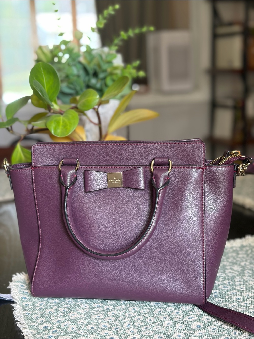 kate spade Small Allyn Deep Plum Bow Leather Satchel with Gold Hardware